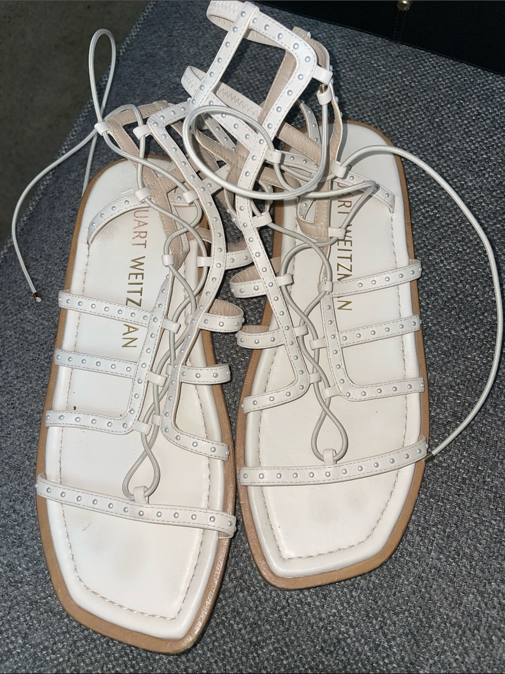 Stuart Weitzman Kora Pearly Stud Gladiator Sandals Seashell